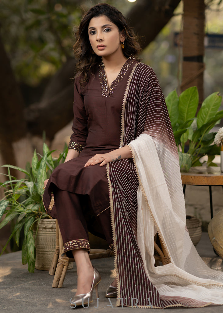 Hand embroidered coffee brown kurta with pant - Georgette Dupatta Optional