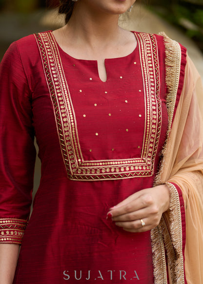 Opulent maroon hand-embroidered silk blend kurta
