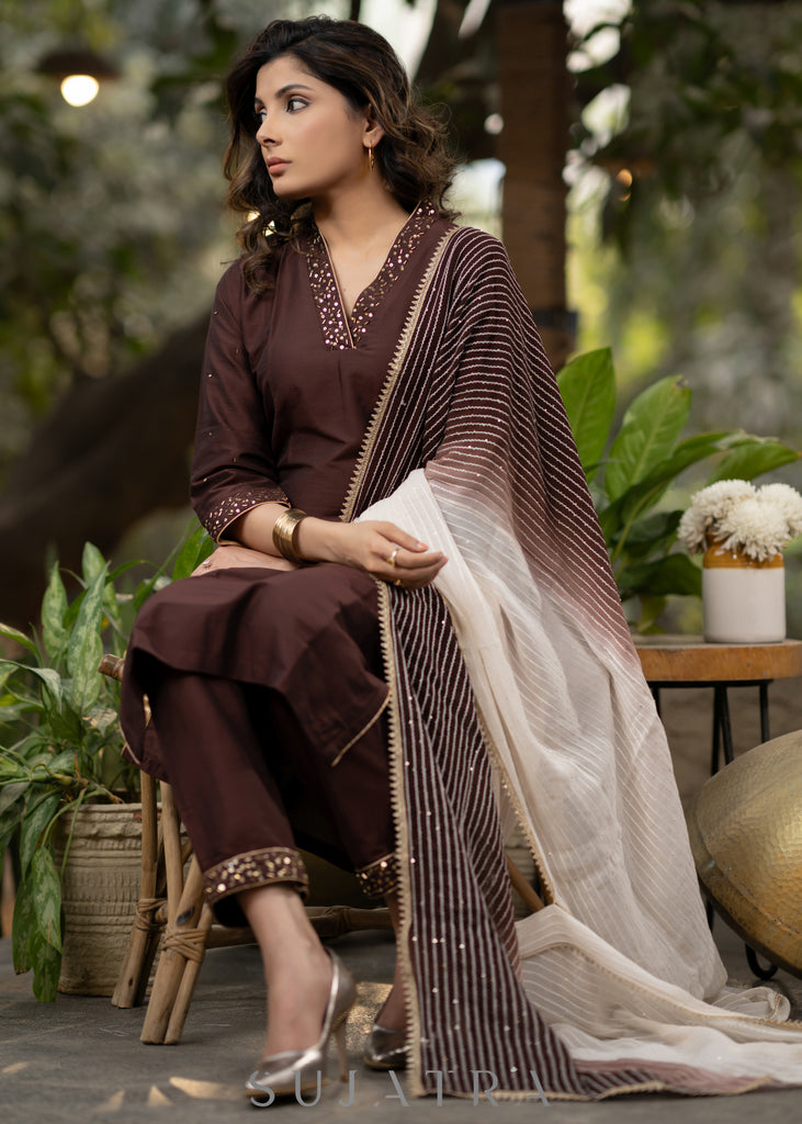Hand embroidered coffee brown kurta with pant - Georgette Dupatta Optional