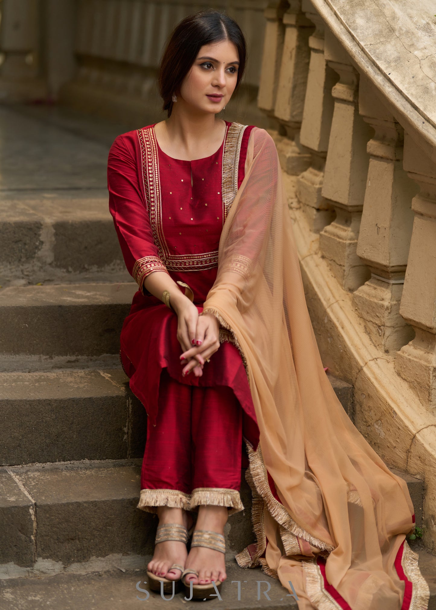 Opulent maroon hand-embroidered silk blend kurta