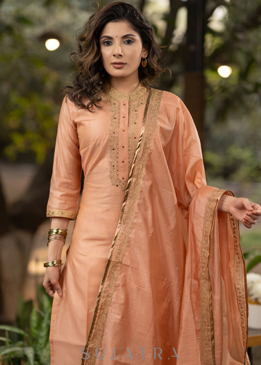 Embroiderd Peach chanderi kurta