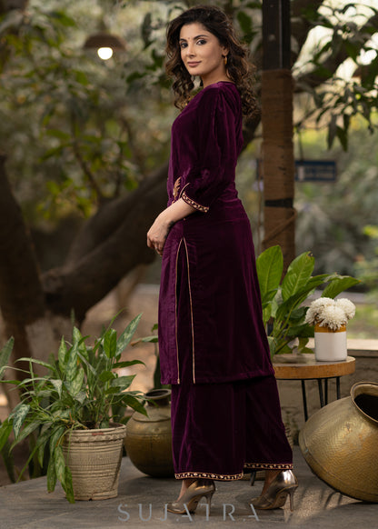 Hand embroidered purple velvet kurta with flared embroidered pant