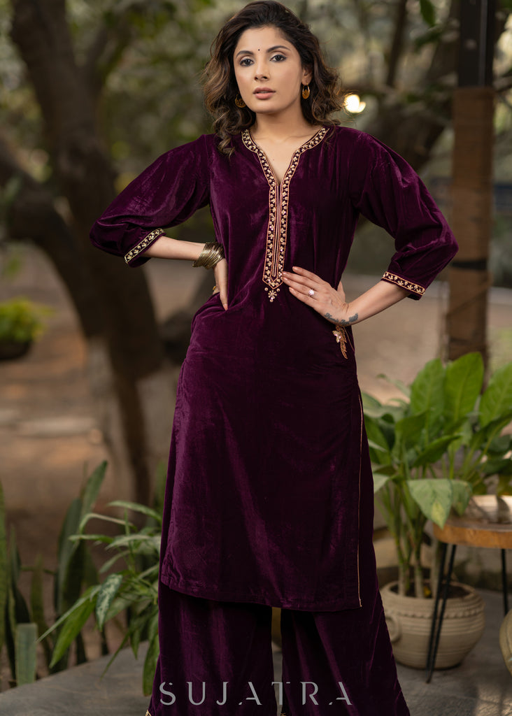 Hand embroidered purple velvet kurta with flared embroidered pant