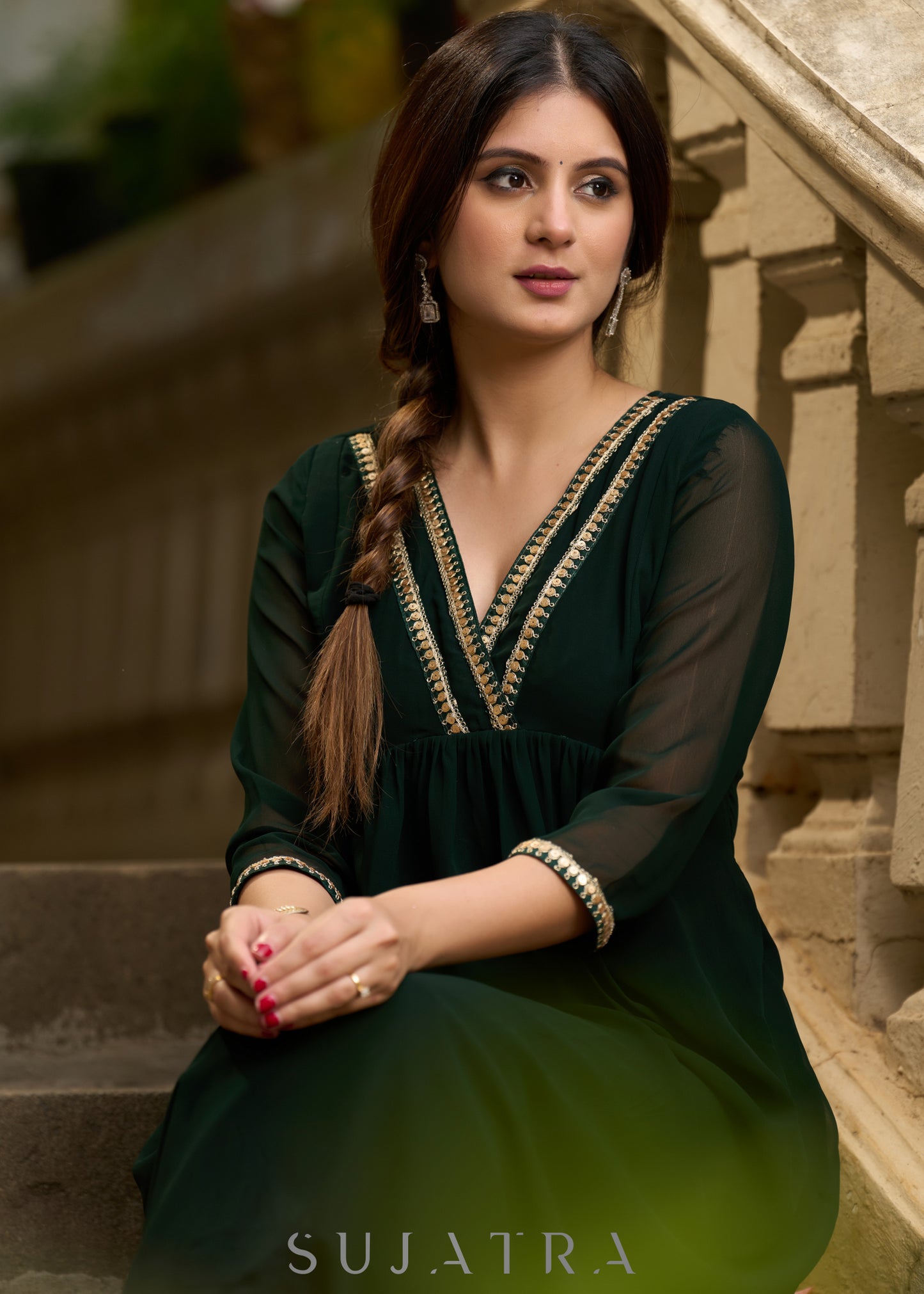Elegance redefined in this captivating green georgette lace kurta -  Pant additional