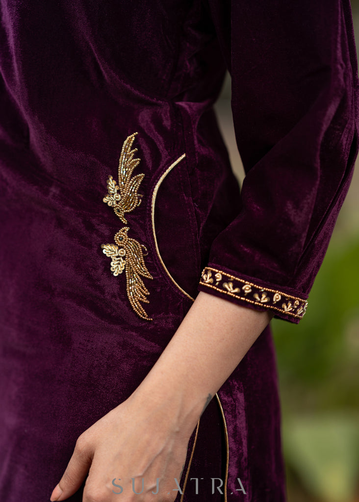 Hand embroidered purple velvet kurta with flared embroidered pant