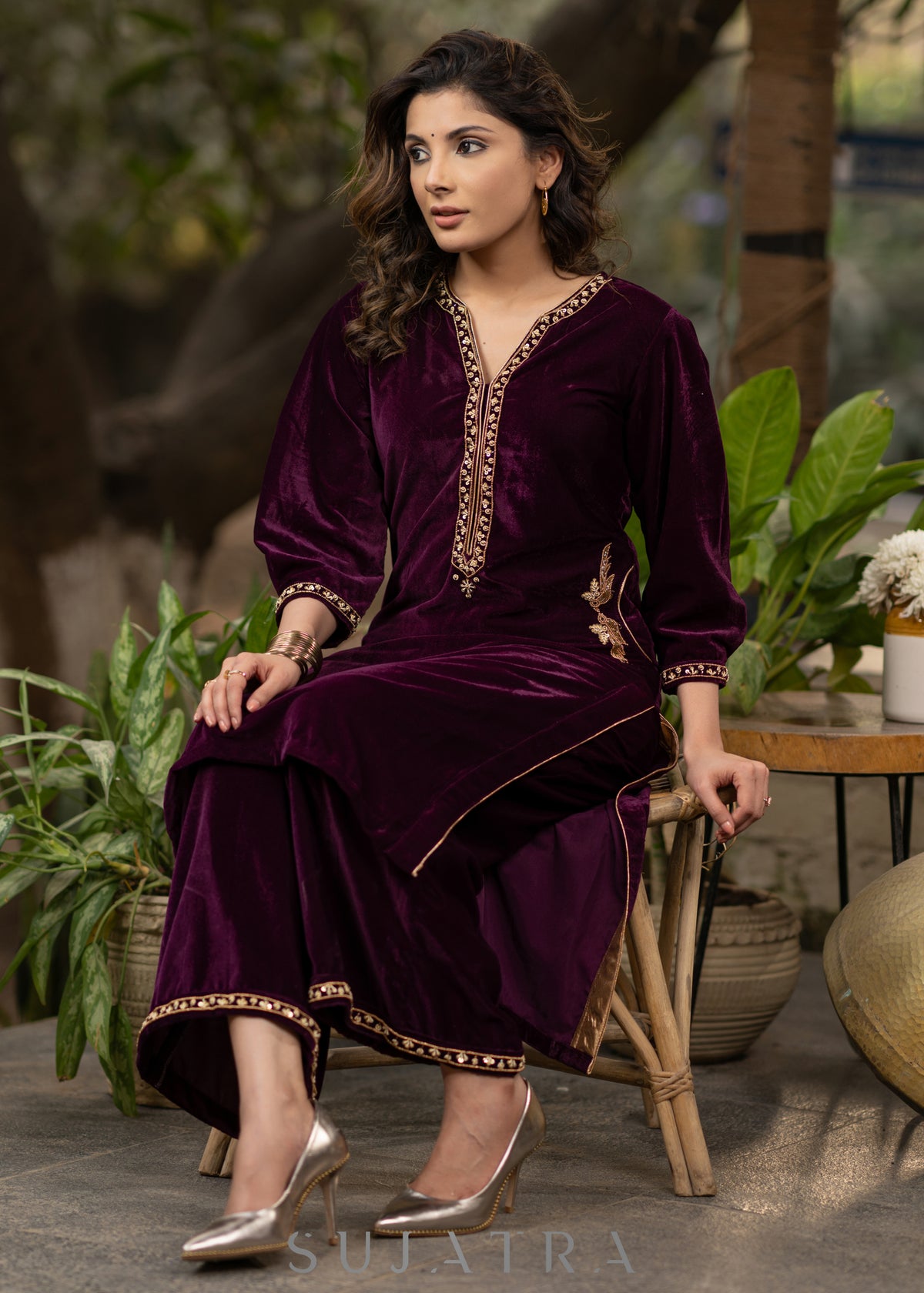 Dussehra Sale — Hand embroidered purple velvet kurta with flared embroidered pant - Kurta + Pant Set