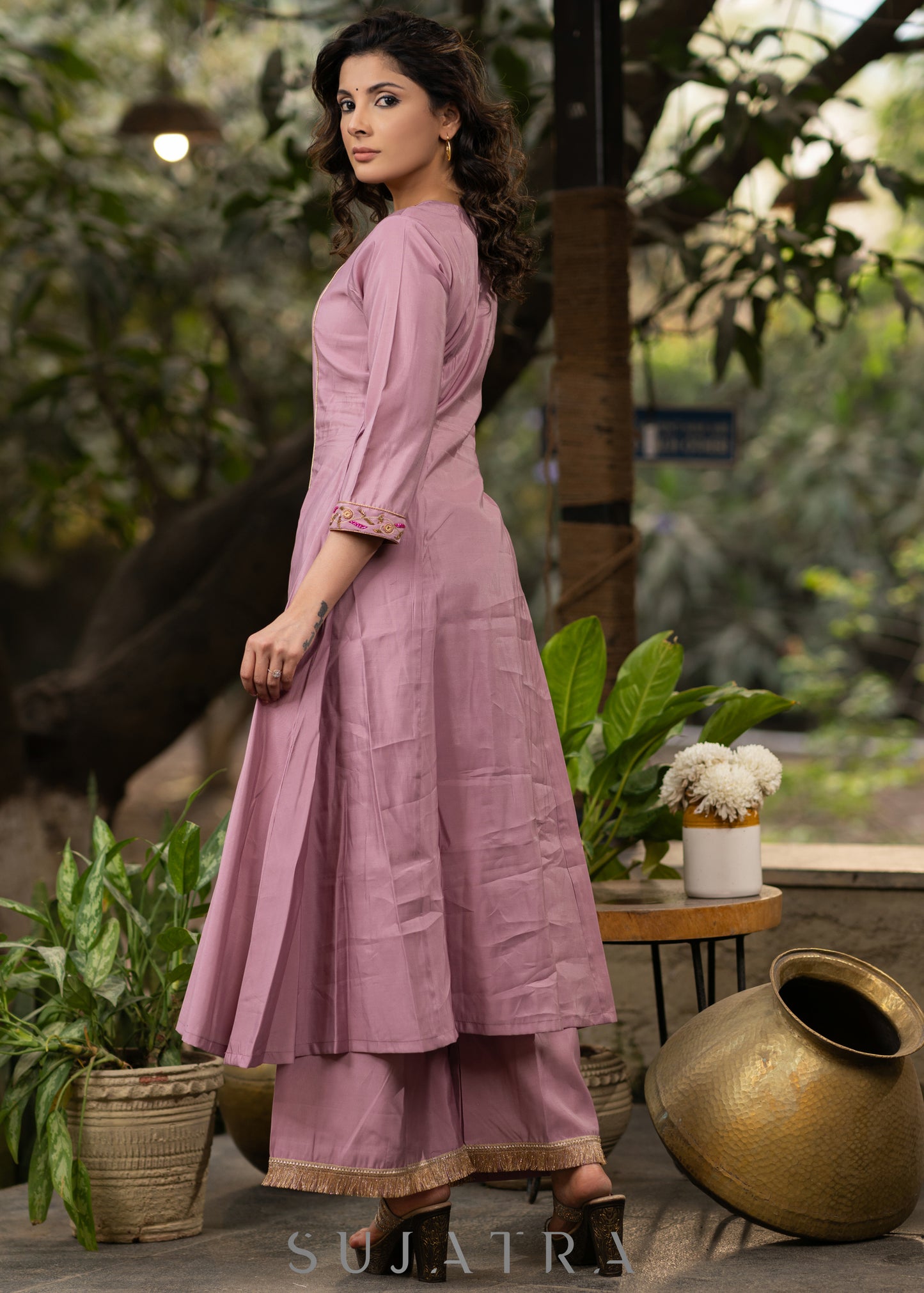 Hand embroidered lavender Roman silk A line kurta