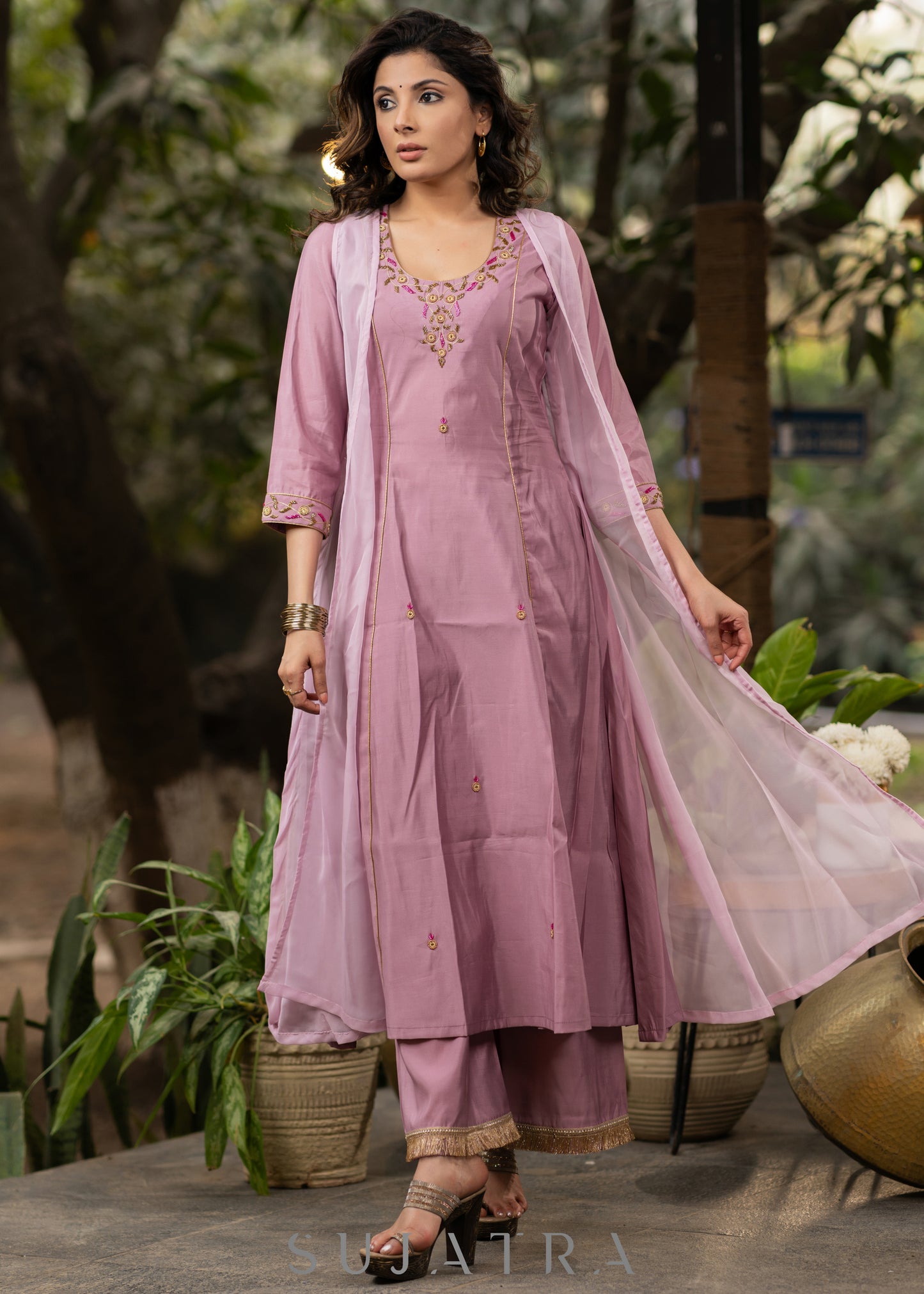 Hand embroidered lavender Roman silk A line kurta