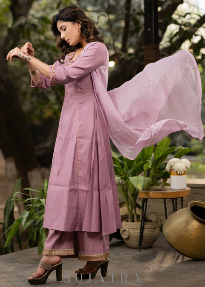 Hand embroidered lavender Roman silk A line kurta