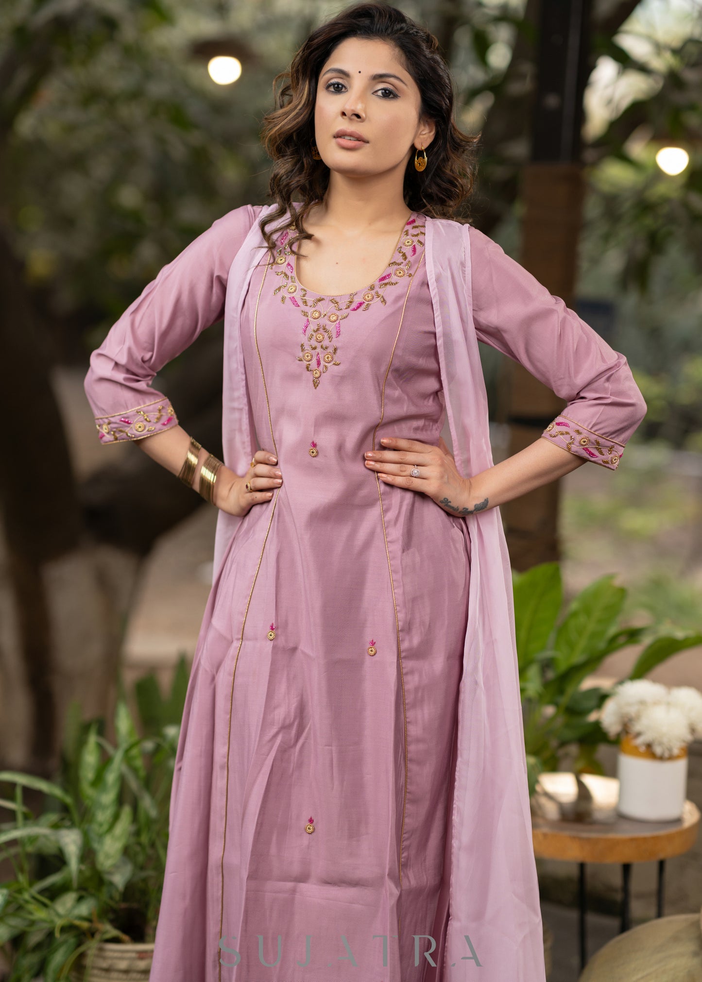Hand embroidered lavender Roman silk A line kurta