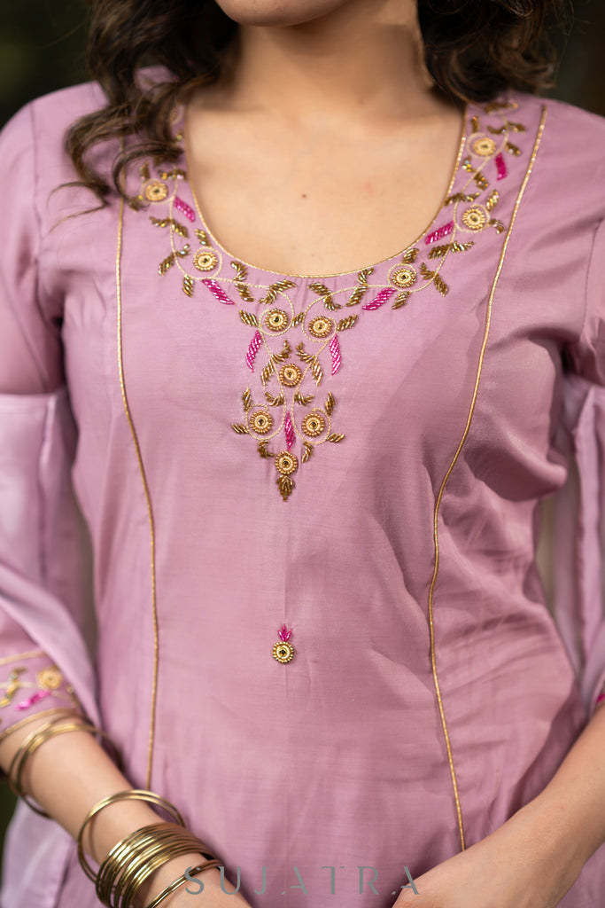 Hand embroiderd lavender Roman silk A line kurta with pant - Organza jacket Optional