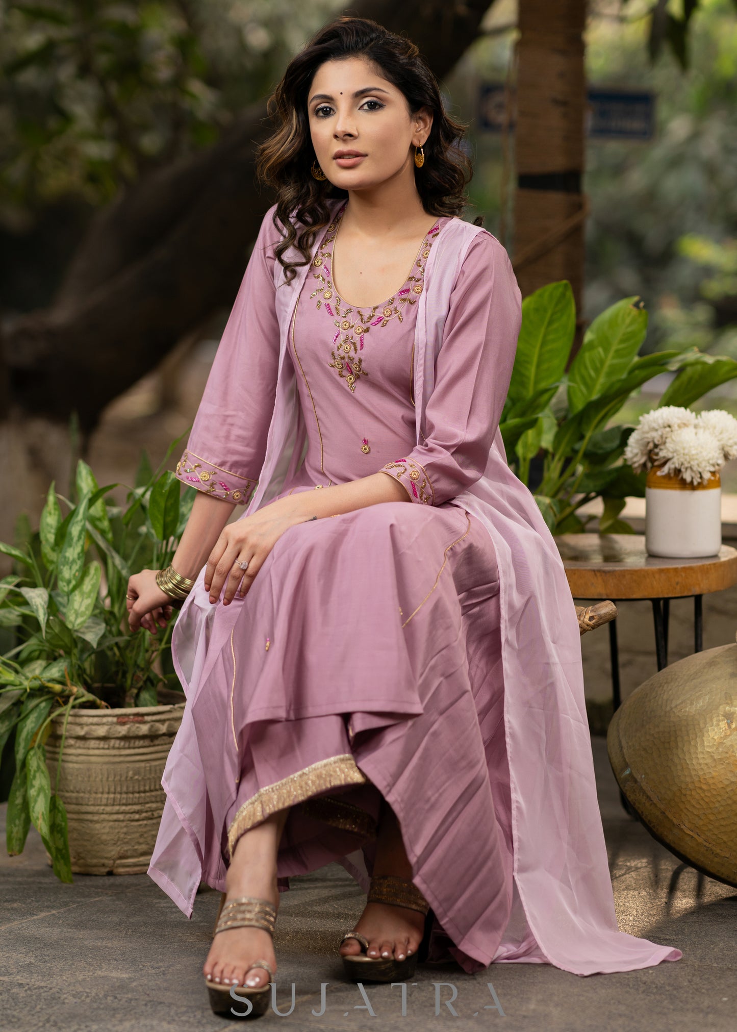 Hand embroidered lavender Roman silk A line kurta