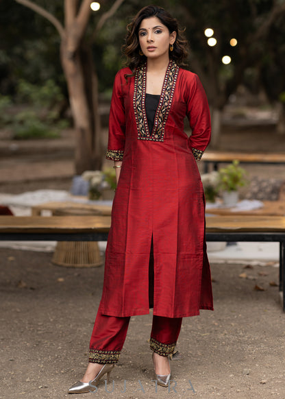 Hand embroidered maroon cotton silk kurta