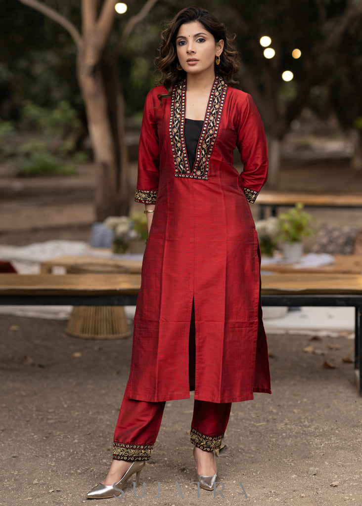 Hand embroidered maroon cotton silk kurta with pant