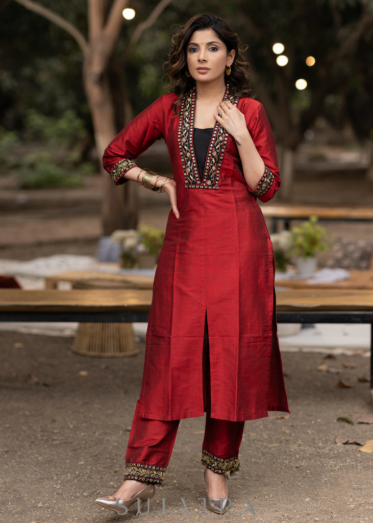 Hand embroidered maroon cotton silk kurta with pant
