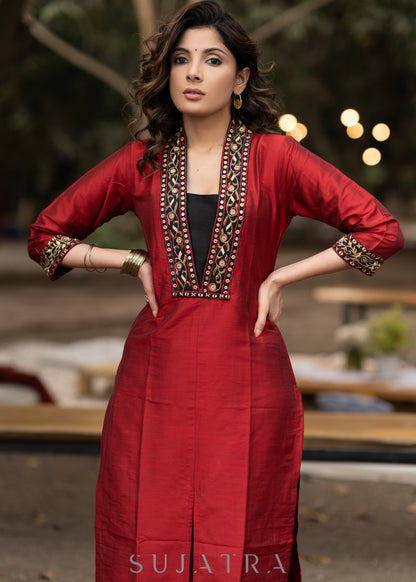 Hand embroidered maroon cotton silk kurta