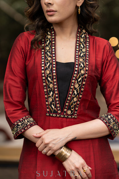 Hand embroidered maroon cotton silk kurta
