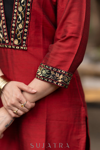 Hand embroidered maroon cotton silk kurta