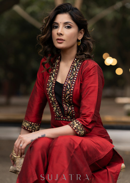 Hand embroidered maroon cotton silk kurta