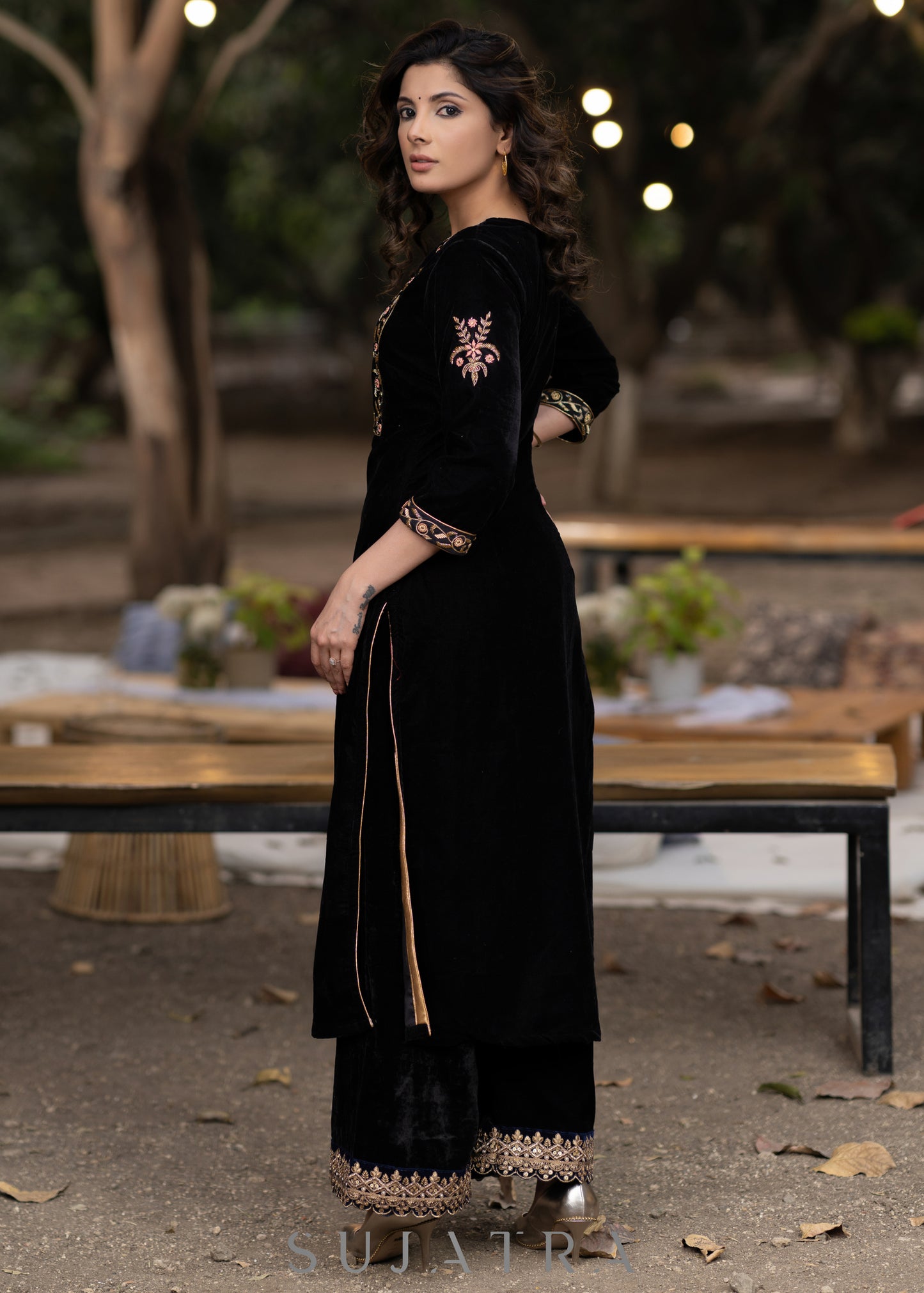 Unique Black hand embroidered velvet kurta