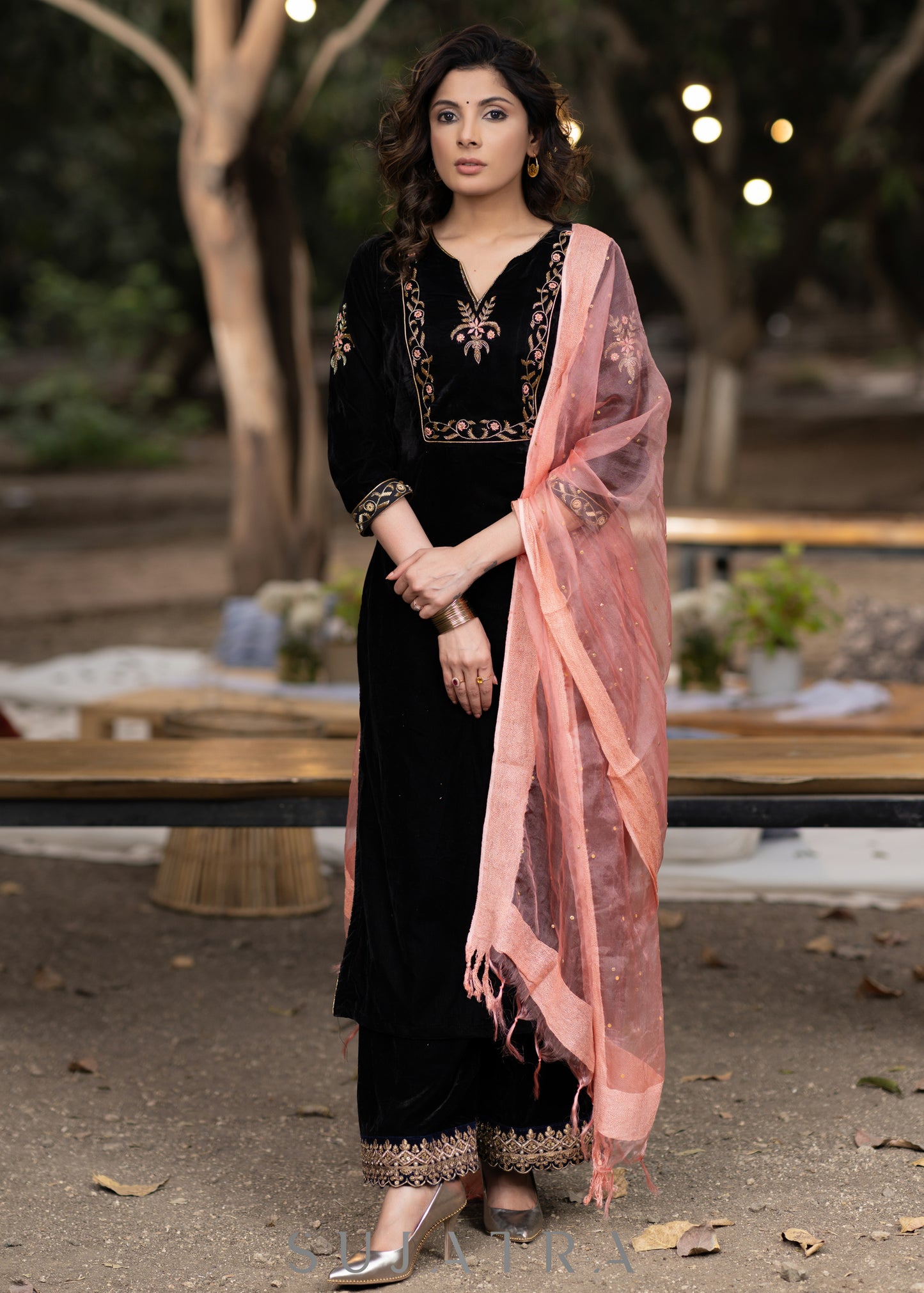 Unique Black hand embroidered velvet kurta