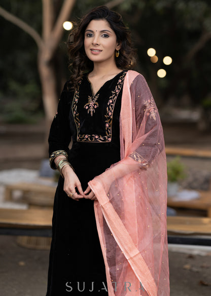 Unique Black hand embroidered velvet kurta