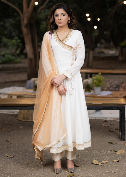 Hand embroidered off White georgette anarkali kurta with pant - Dupatta Optional