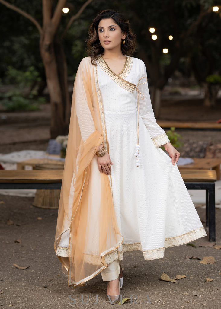 Hand embroidered off White georgette anarkali kurta with pant - Dupatta Optional