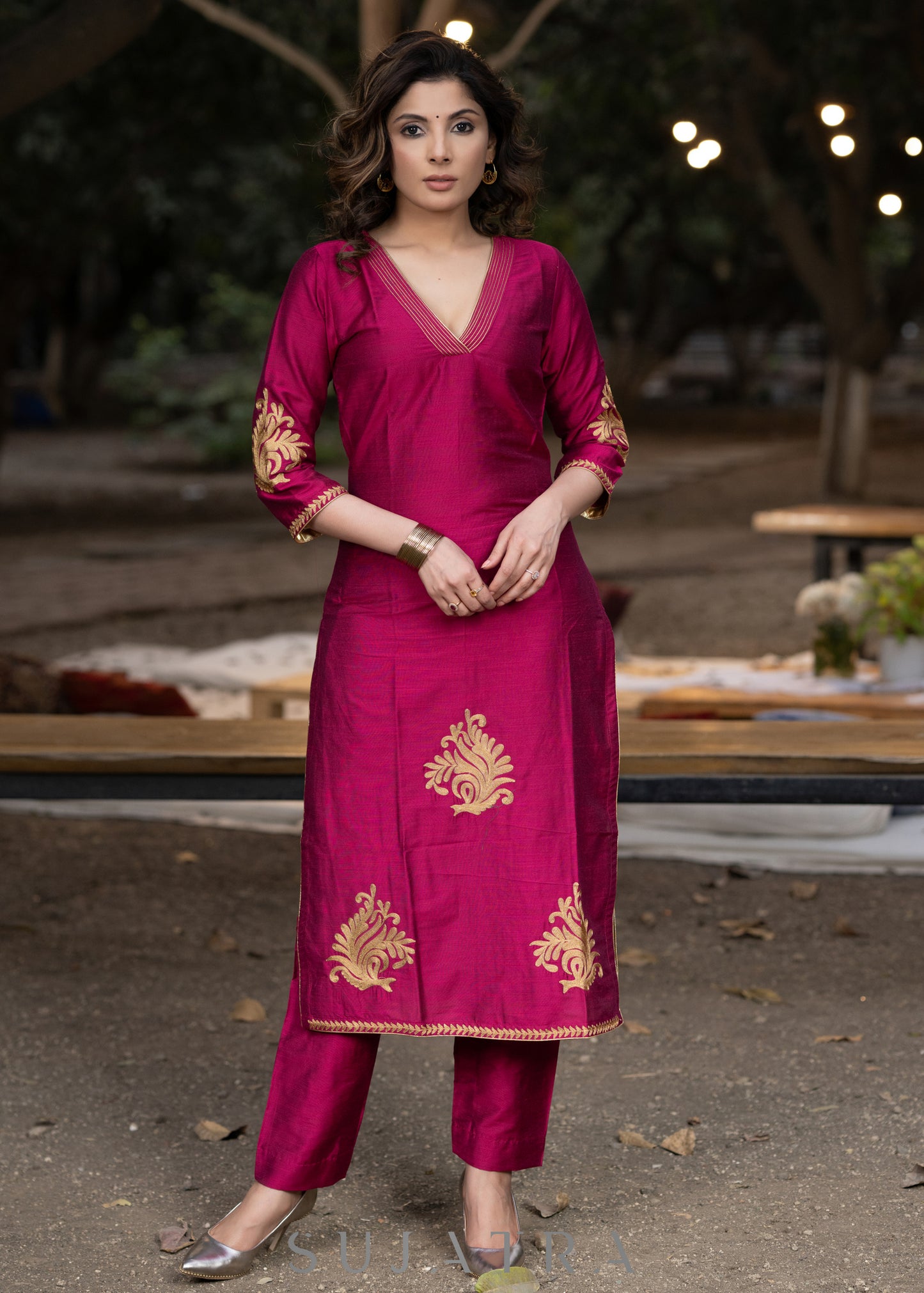 Embroidered magenta cotton silk kurta