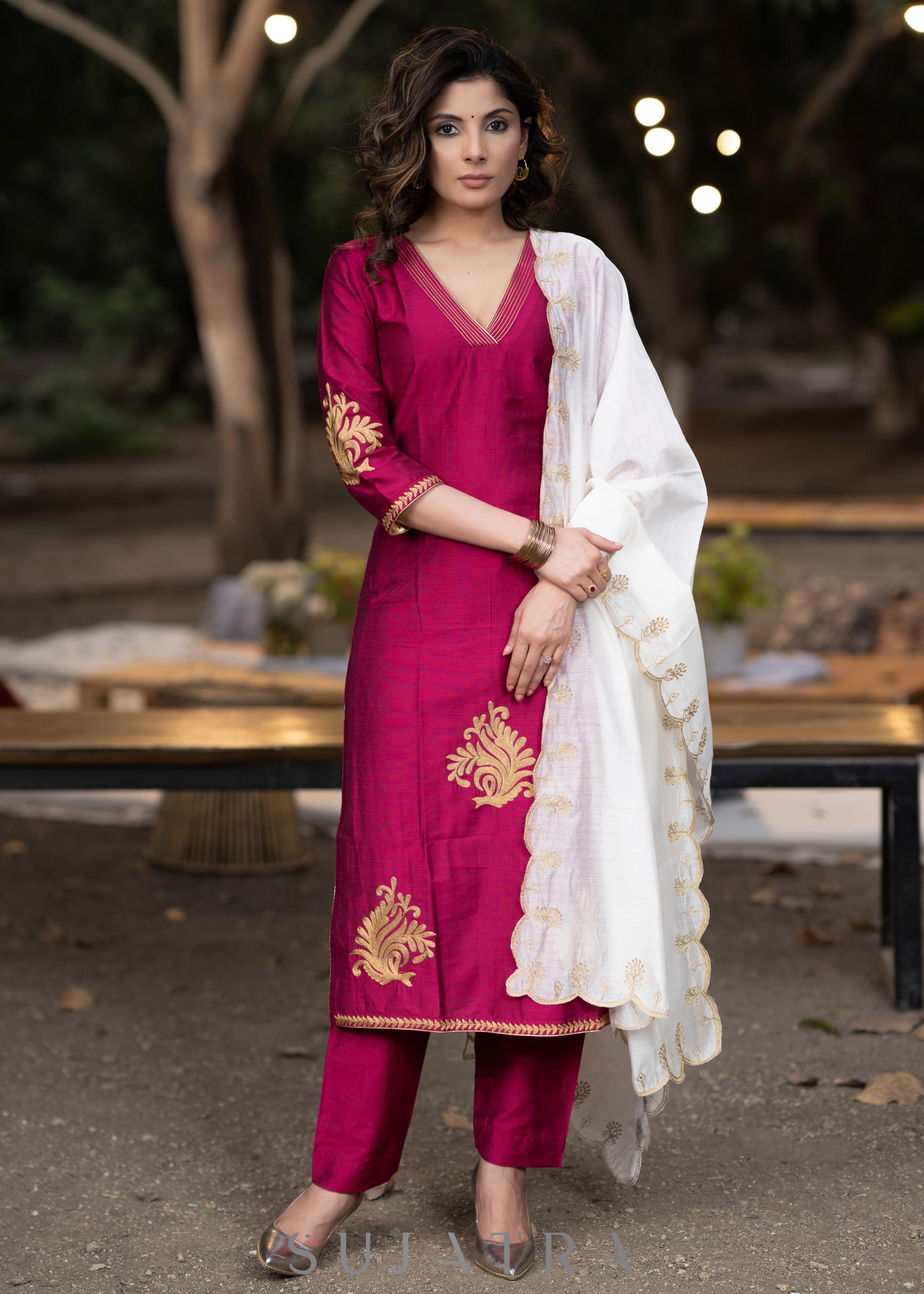 Embroidered magenta cotton silk kurta