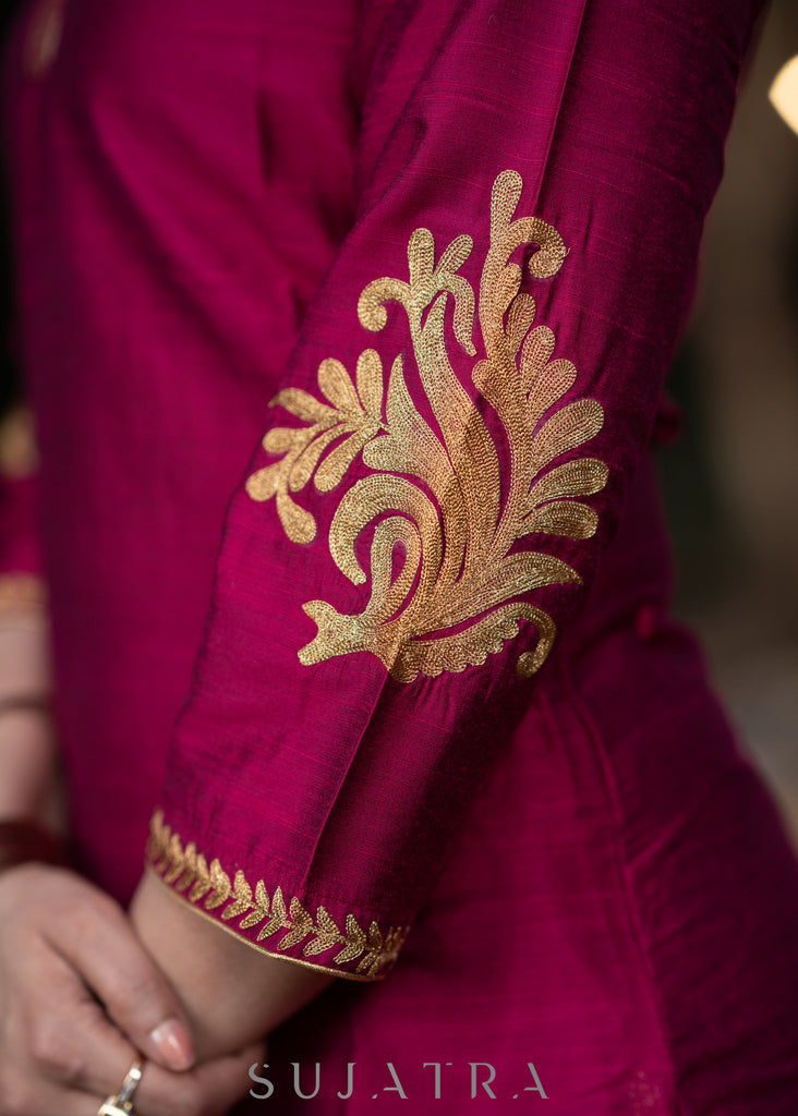Embroidered magenta cotton silk kurta with pant-Embroidered dupatta optional