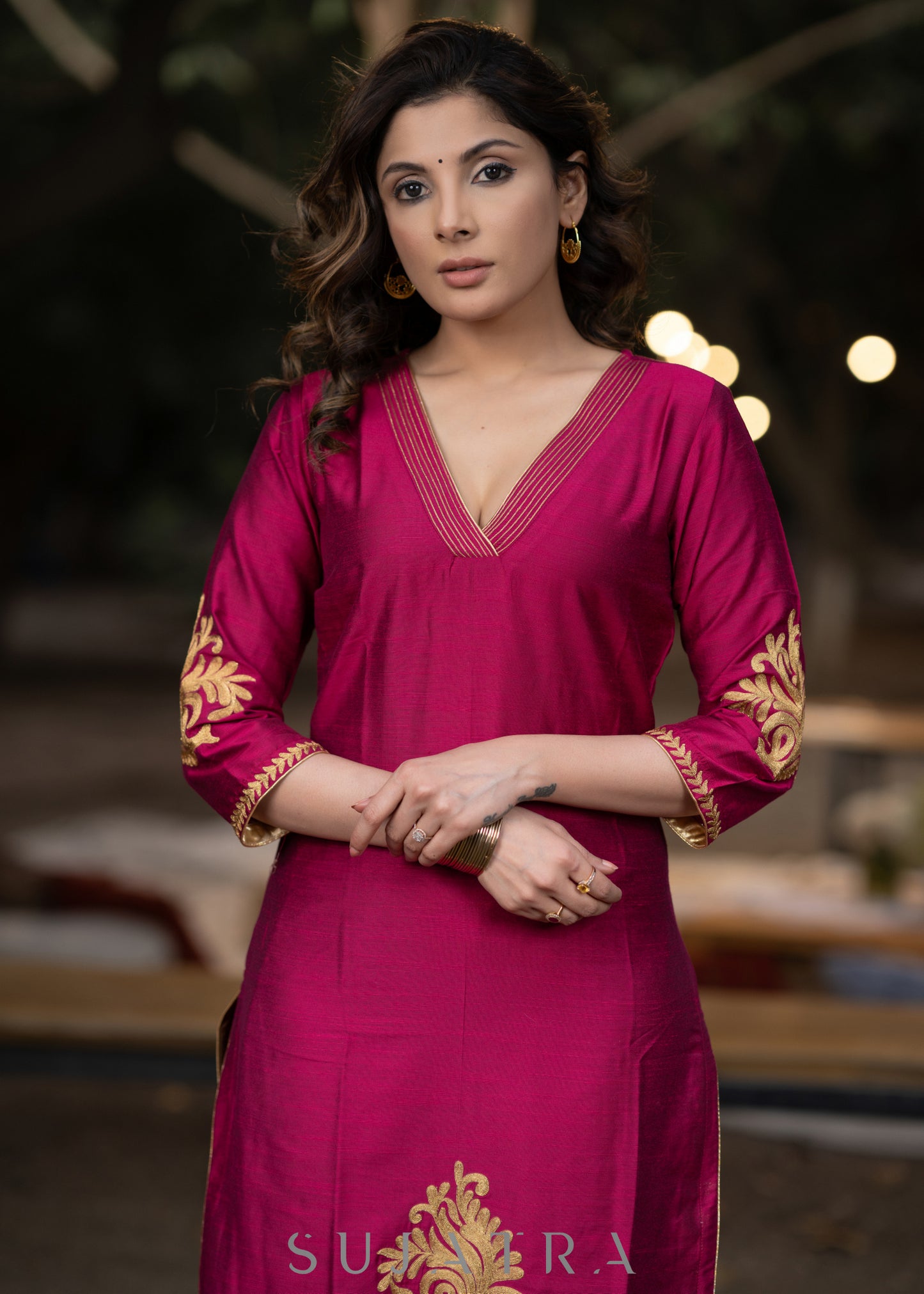 Embroidered magenta cotton silk kurta