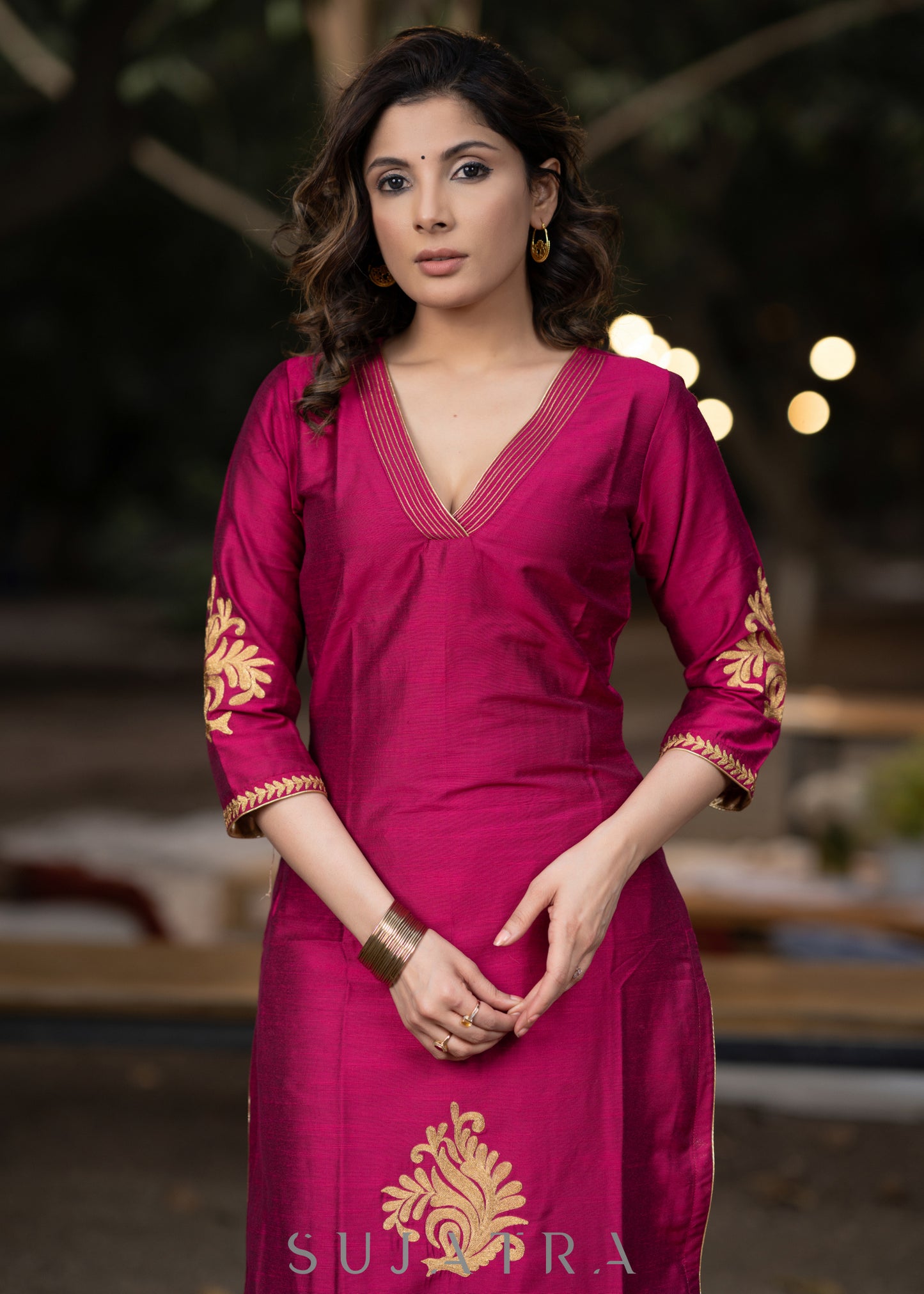 Embroidered magenta cotton silk kurta