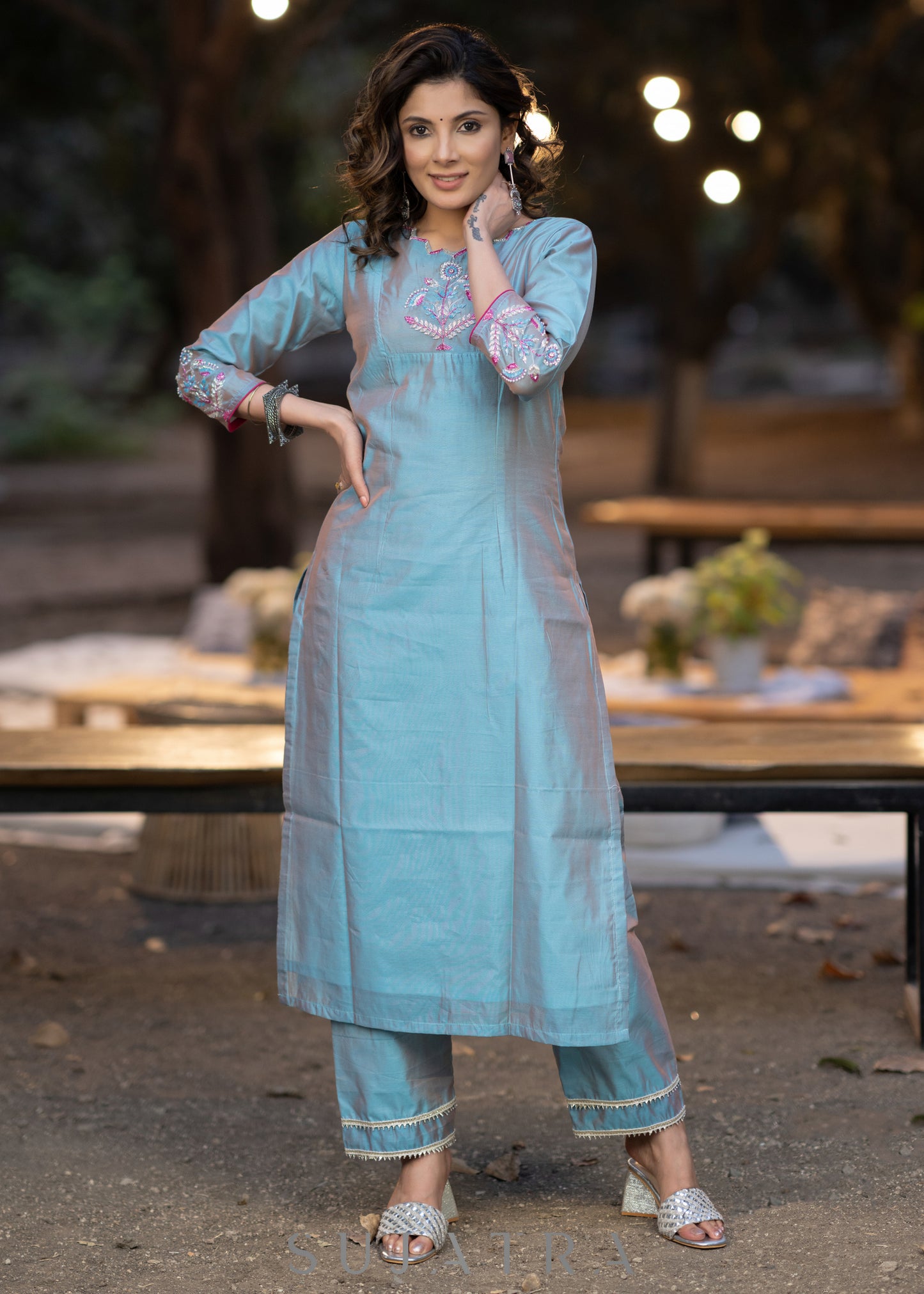 Hand embroidered dual shaded firozi chanderi kurta