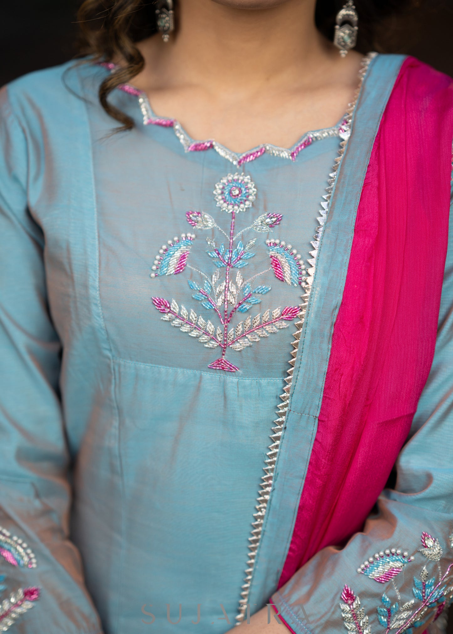 Hand embroidered dual shaded firozi chanderi kurta