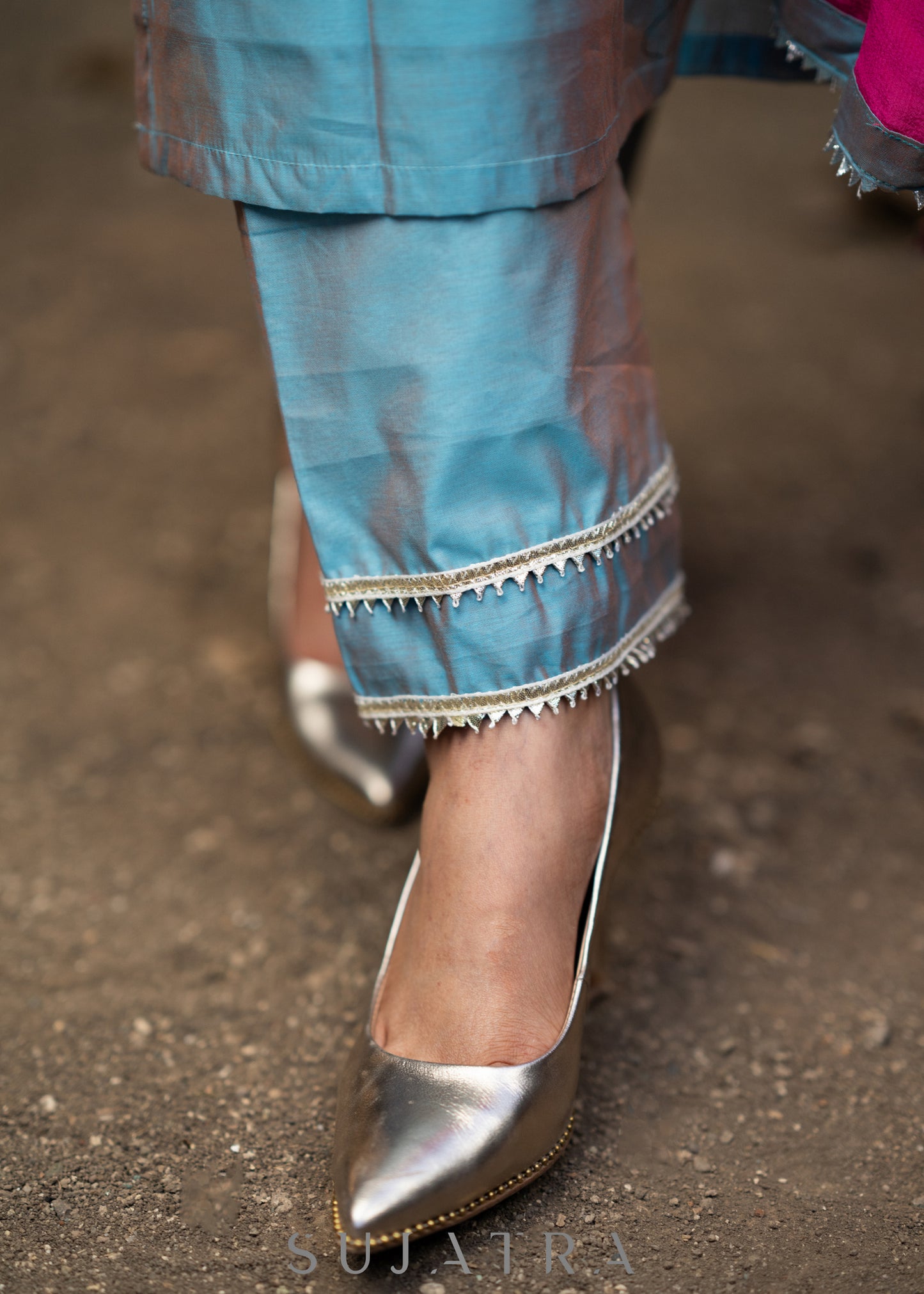 Hand embroidered dual shaded firozi chanderi kurta