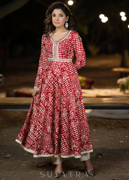 Hand embroidered red rayon printed flared kurta