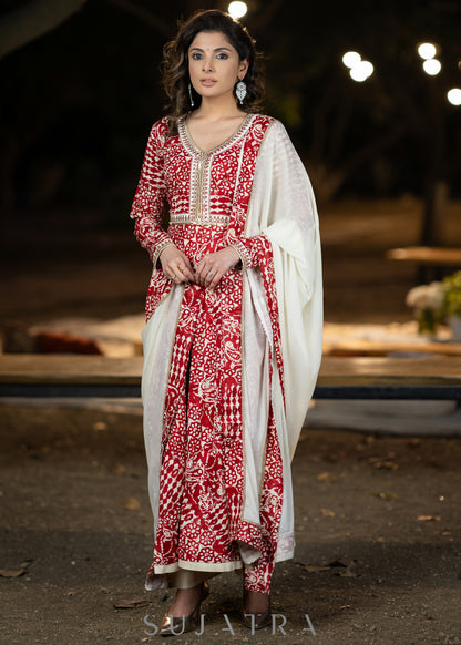 Hand embroidered red rayon printed flared kurta