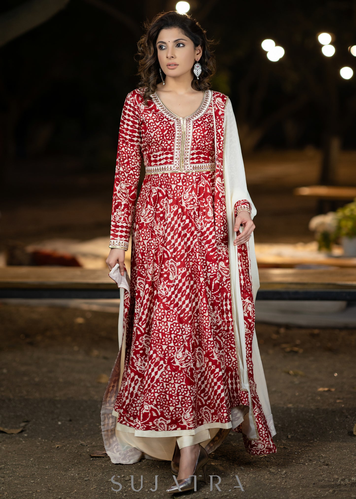 Hand embroidered red rayon printed flared kurta
