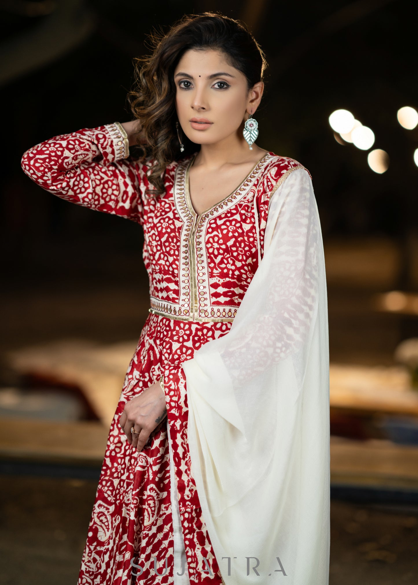 Hand embroidered red rayon printed flared kurta