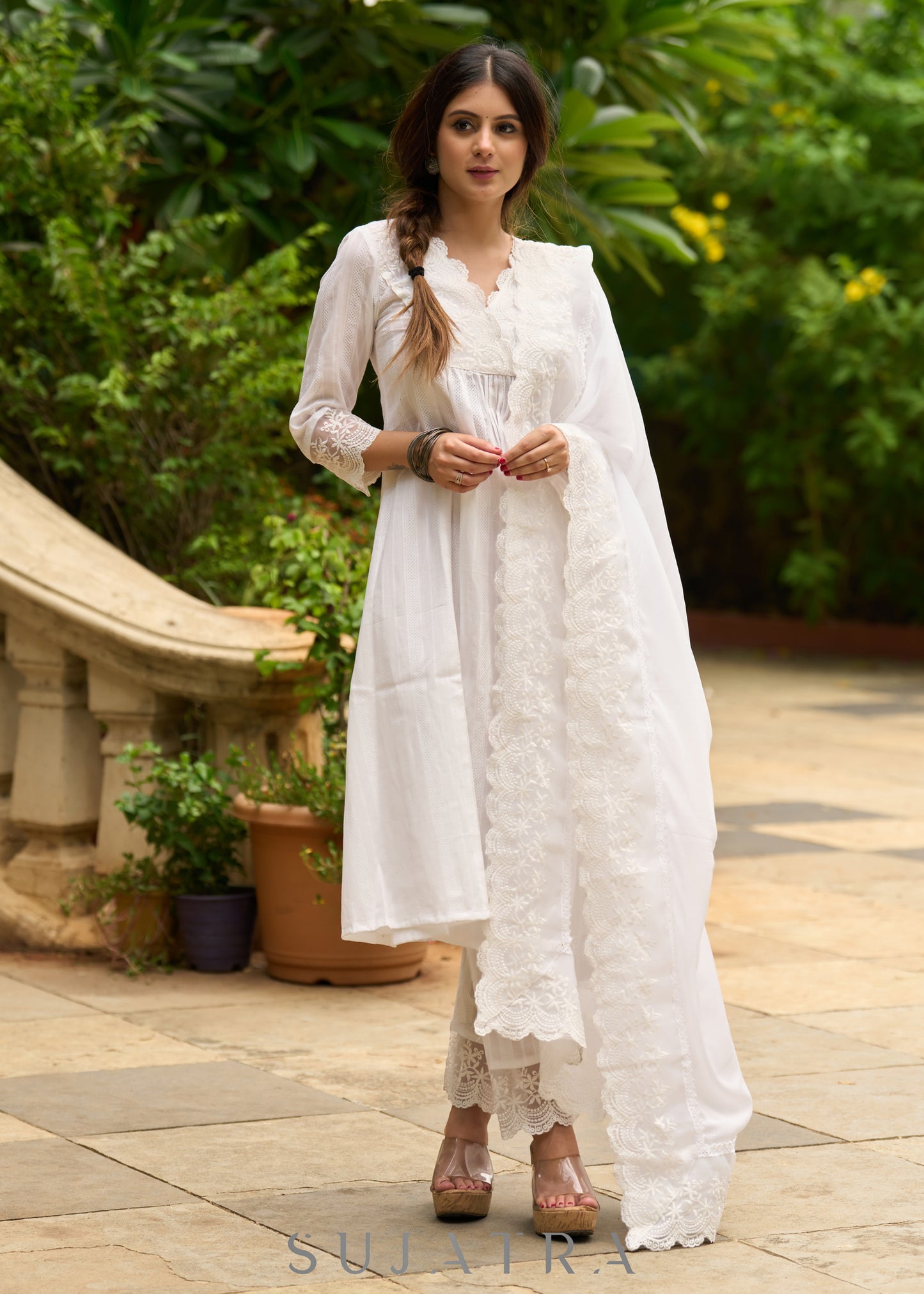 White self-textured lace yoke kurta