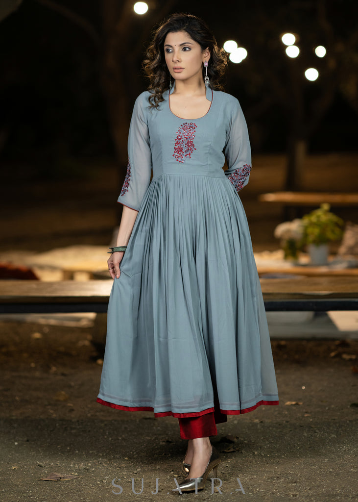 Embroidered grey georgette flared festive kurta with pant - Embroidered Dupatta Optional