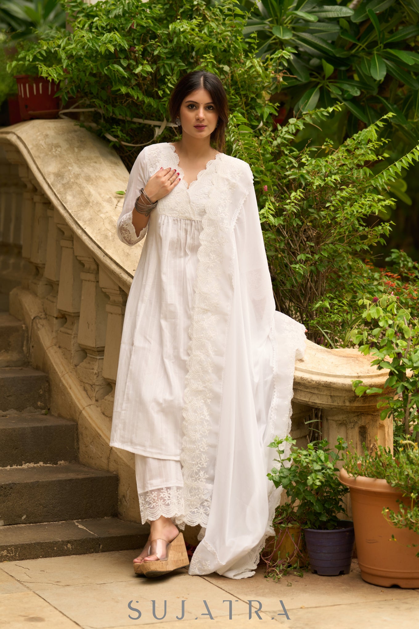 White self-textured lace yoke kurta