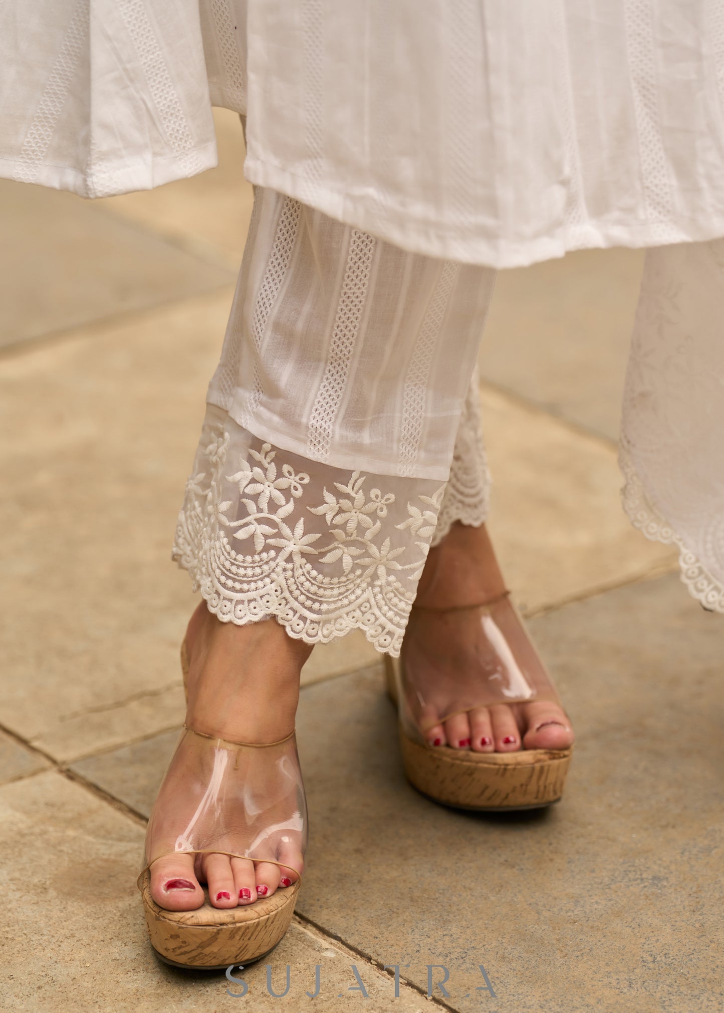 White self-textured lace yoke kurta