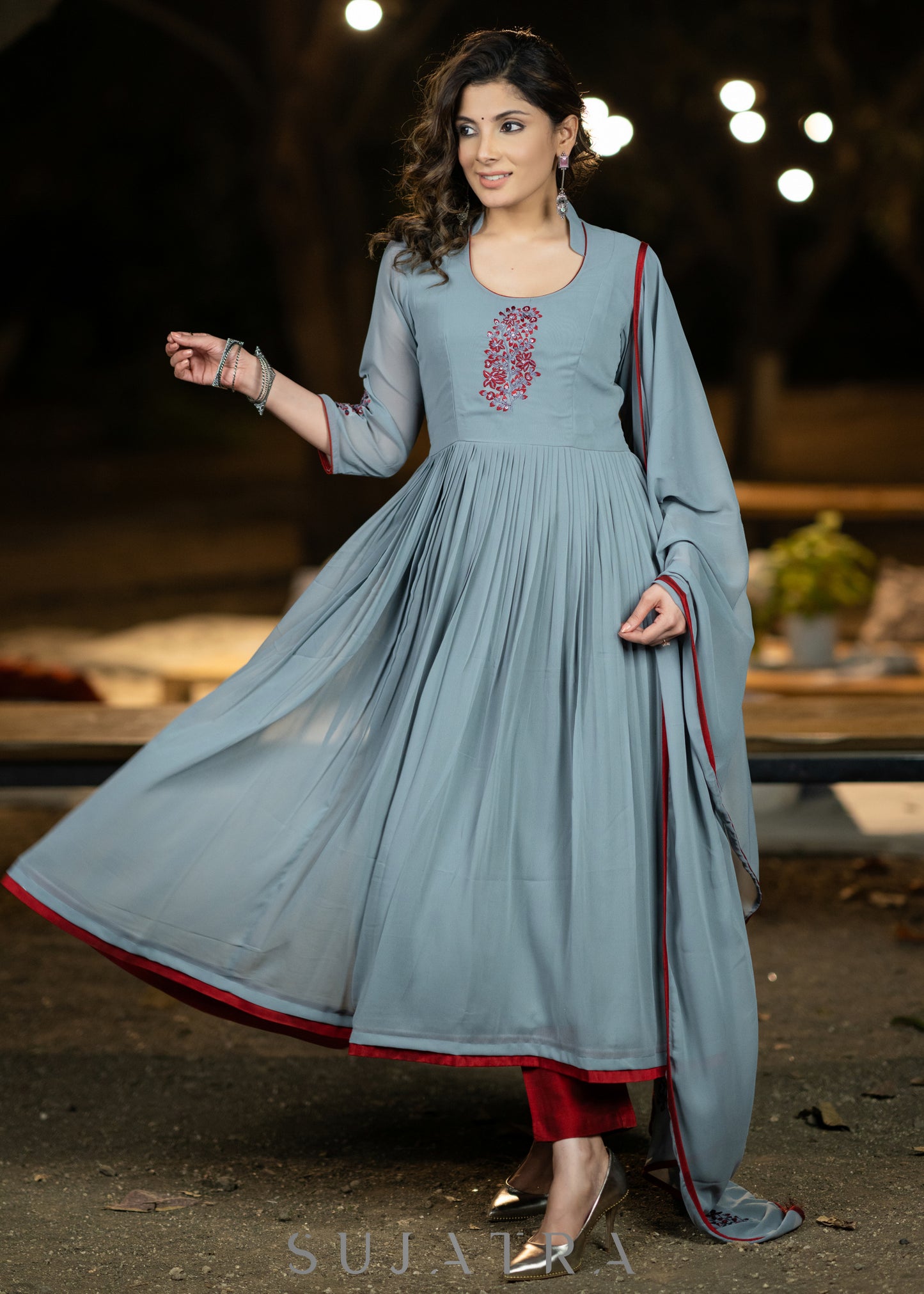 Embroidered grey georgette flared festive kurta