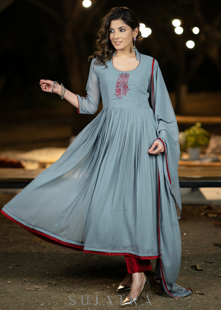 Embroidered grey georgette flared festive kurta with pant - Embroidered Dupatta Optional