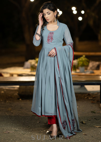 Embroidered grey georgette flared festive kurta
