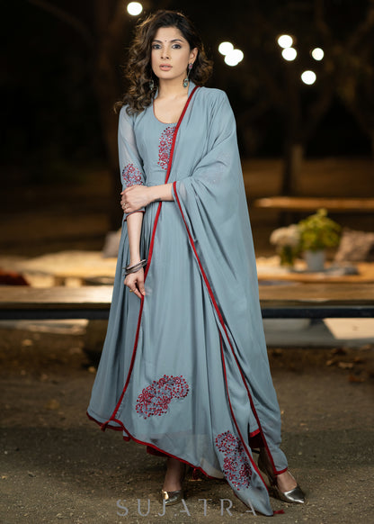 Embroidered grey georgette flared festive kurta