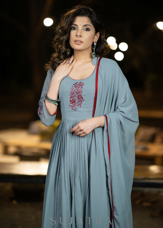Embroidered grey georgette flared festive kurta