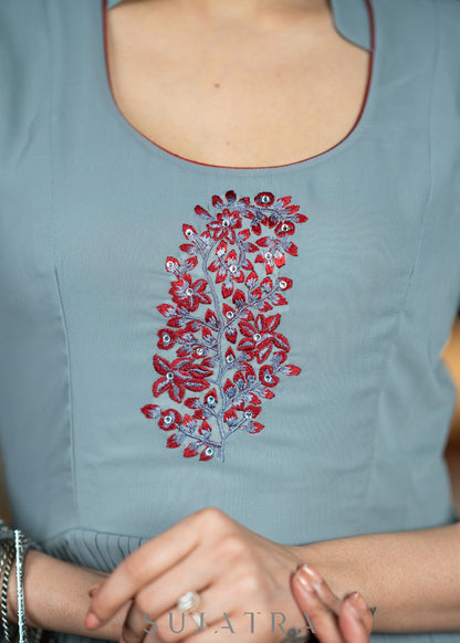 Embroidered grey georgette flared festive kurta